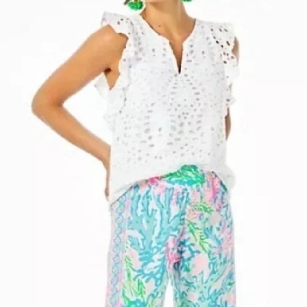 Lilly Pulitzer Size S Faun Top Resort White Large Petal Eyelet Blouse - Picture 5 of 12